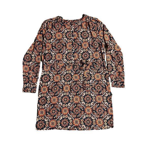 Loft Outlet Medallion Print Shift Dress Size Medium Tab Sleeves Tie Belt Navy - Picture 1 of 13